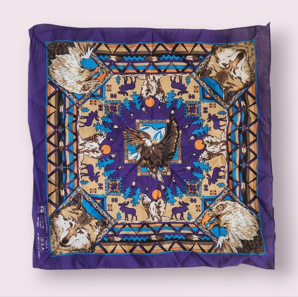 Vintage Made‎ in USA Colorfast Southwestern Bandana Purple Wolf Bald Eagle